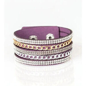 New Silver Gold Chain Rhinestone Purple Suede Urban Wrap Snap Unisex Bracelet